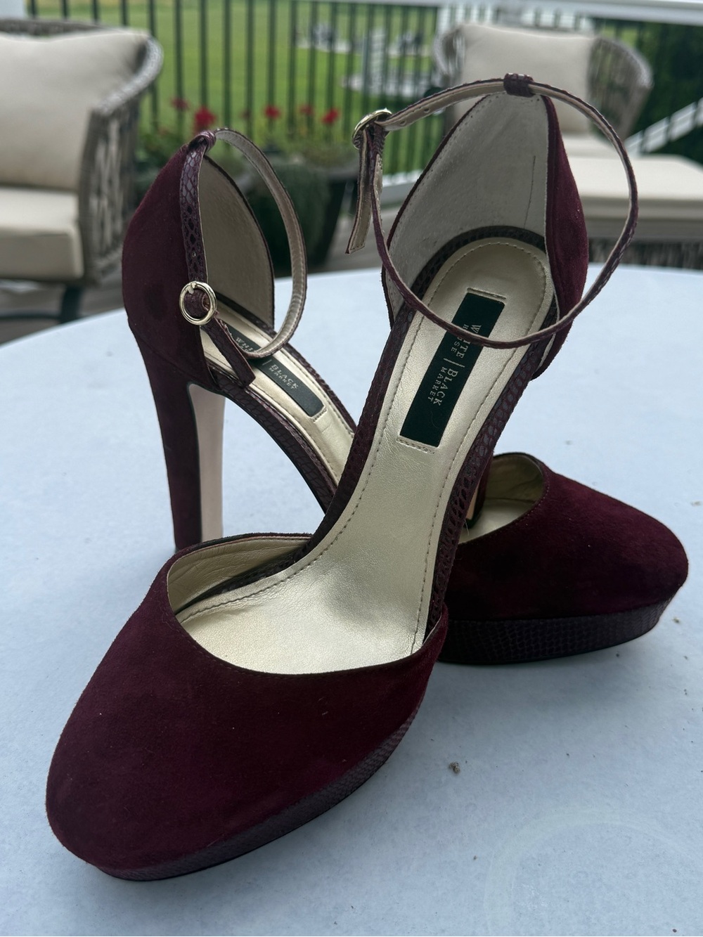 White House Black Market Burgundy Suede Ankle-Strap Platform Heels 9
